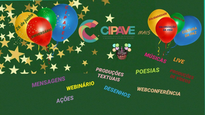  Painel com oito balões coloridos , quatro de cada lado, tendo ao centro o logo da CIPAVE+, tendo escritos dentro de cada um os dizeres: 26 de junho, aniversário, CIPAVE+, solidariedade, Cultura da Paz e Empatia, e distribuídos no mural as atividades feit